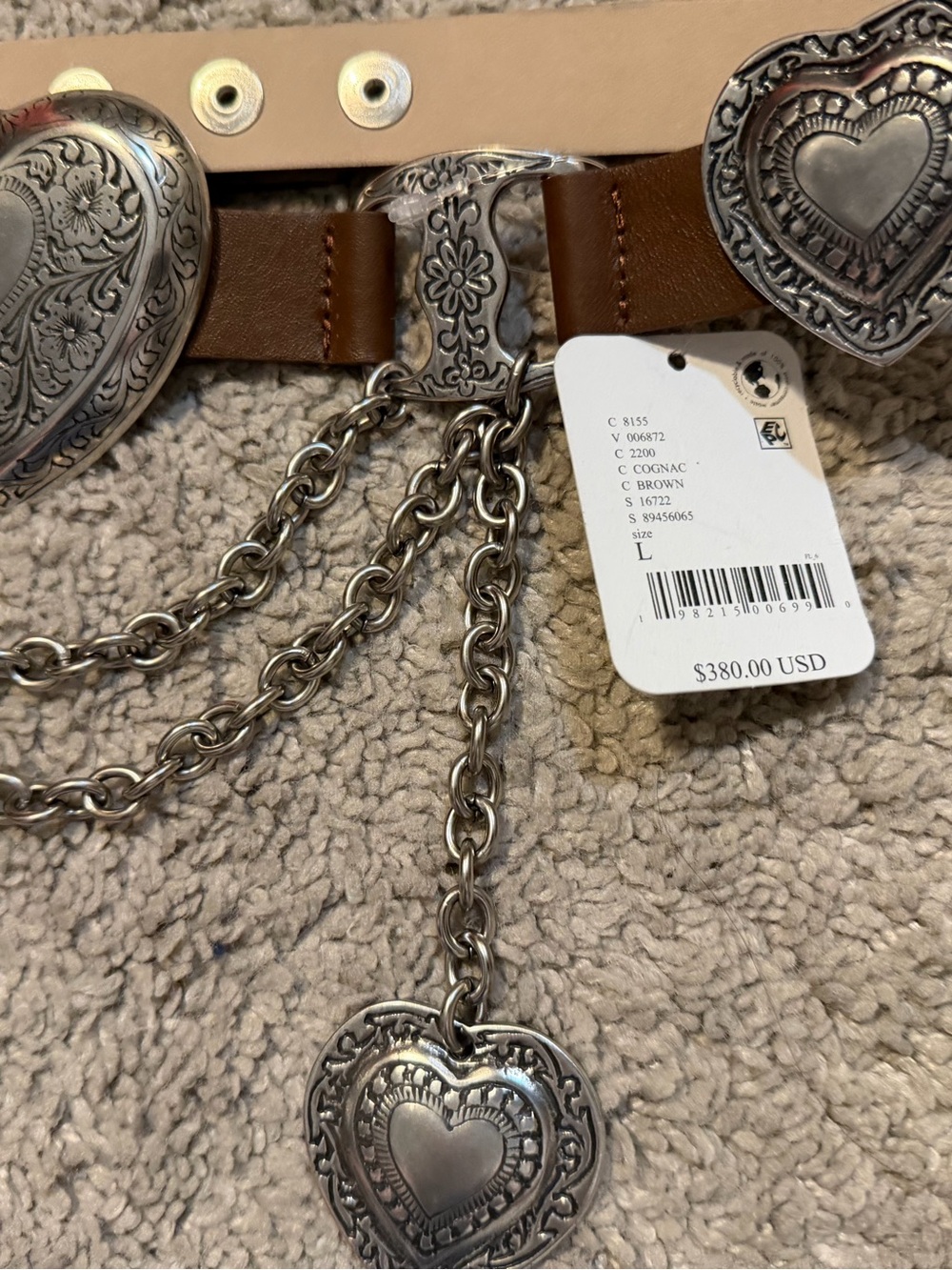 Free People x streets ahead $380 NWT Cognac Queen of Hearts Belt large - Picture 5 of 7